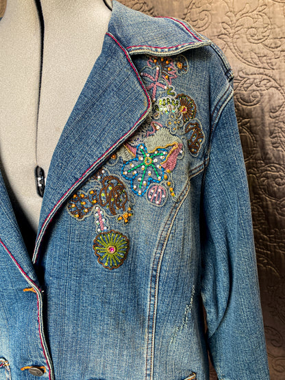 Blue + Purple Upcycled Denim Jacket with Sheer Embroidered Skirt - Boho Chic Artisan Wear - Plus Size 18/20 - Embellished - One-of-a-Kind - Floral Embroidery + Lace Trim