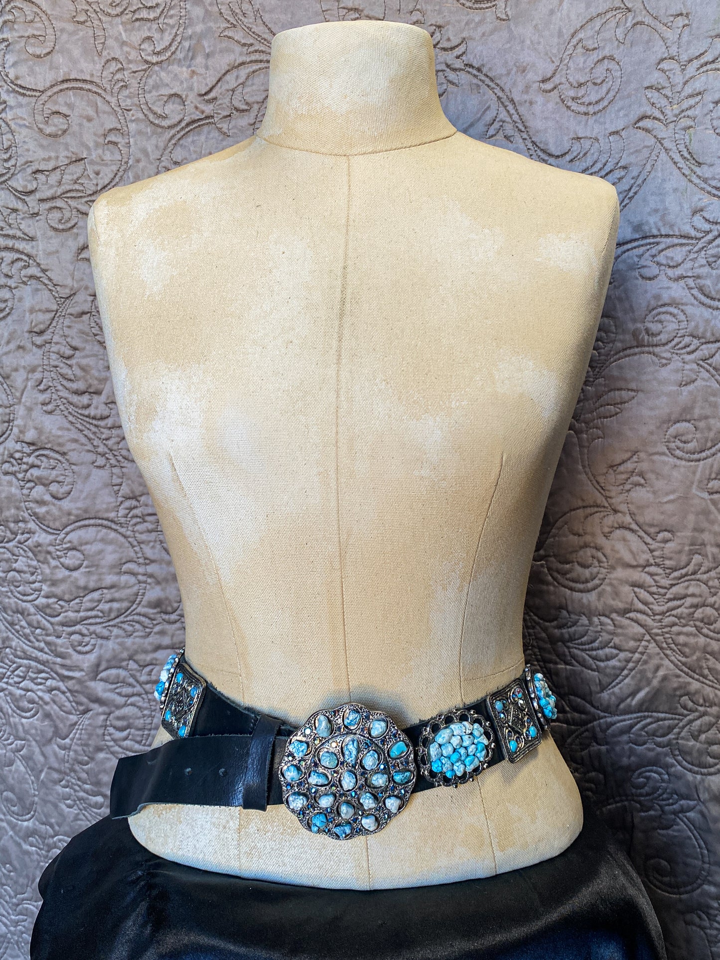 Black Leather Southwestern Concho Belt - Turquoise & Silver Ornate Buckle - Western Shabby Chic Accessory