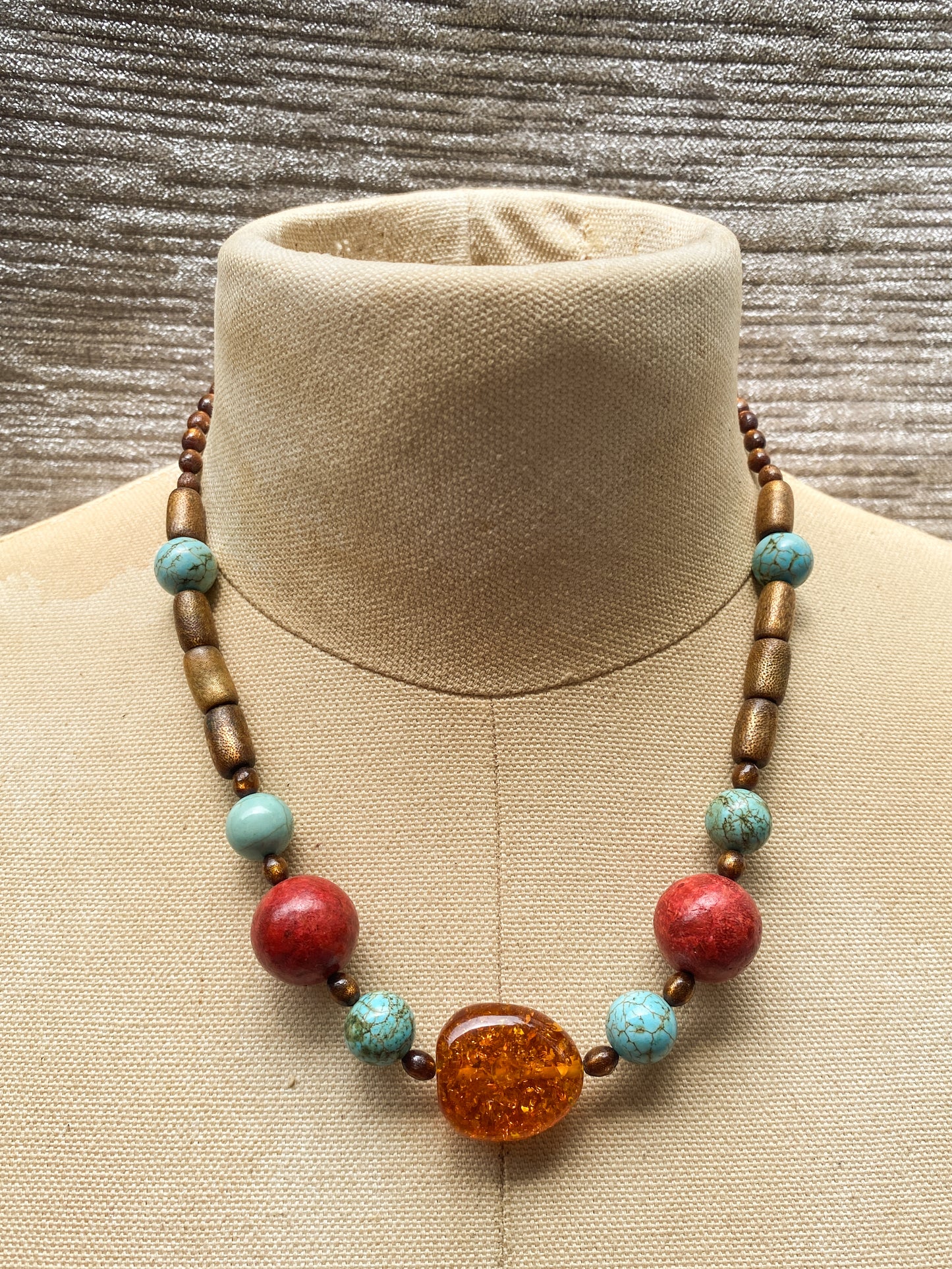 Vintage Chunky Wood with Amber and Turquoise Accents - Statement Necklace - Retro Earthy Boho Jewelry, Brown And Blue Beadwork