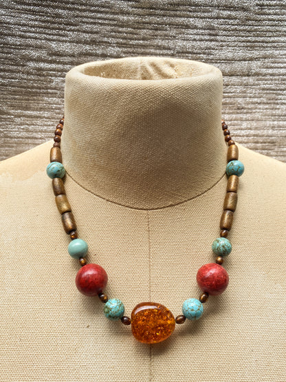 Vintage Chunky Wood with Amber and Turquoise Accents - Statement Necklace - Retro Earthy Boho Jewelry, Brown And Blue Beadwork