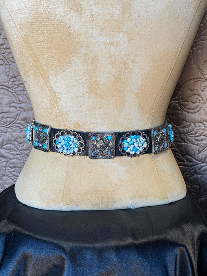 Black Leather Southwestern Concho Belt - Turquoise & Silver Ornate Buckle - Western Shabby Chic Accessory