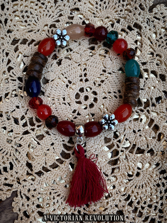 Red Tassel Beaded Bracelet, Funky Boho Charm Bracelet
