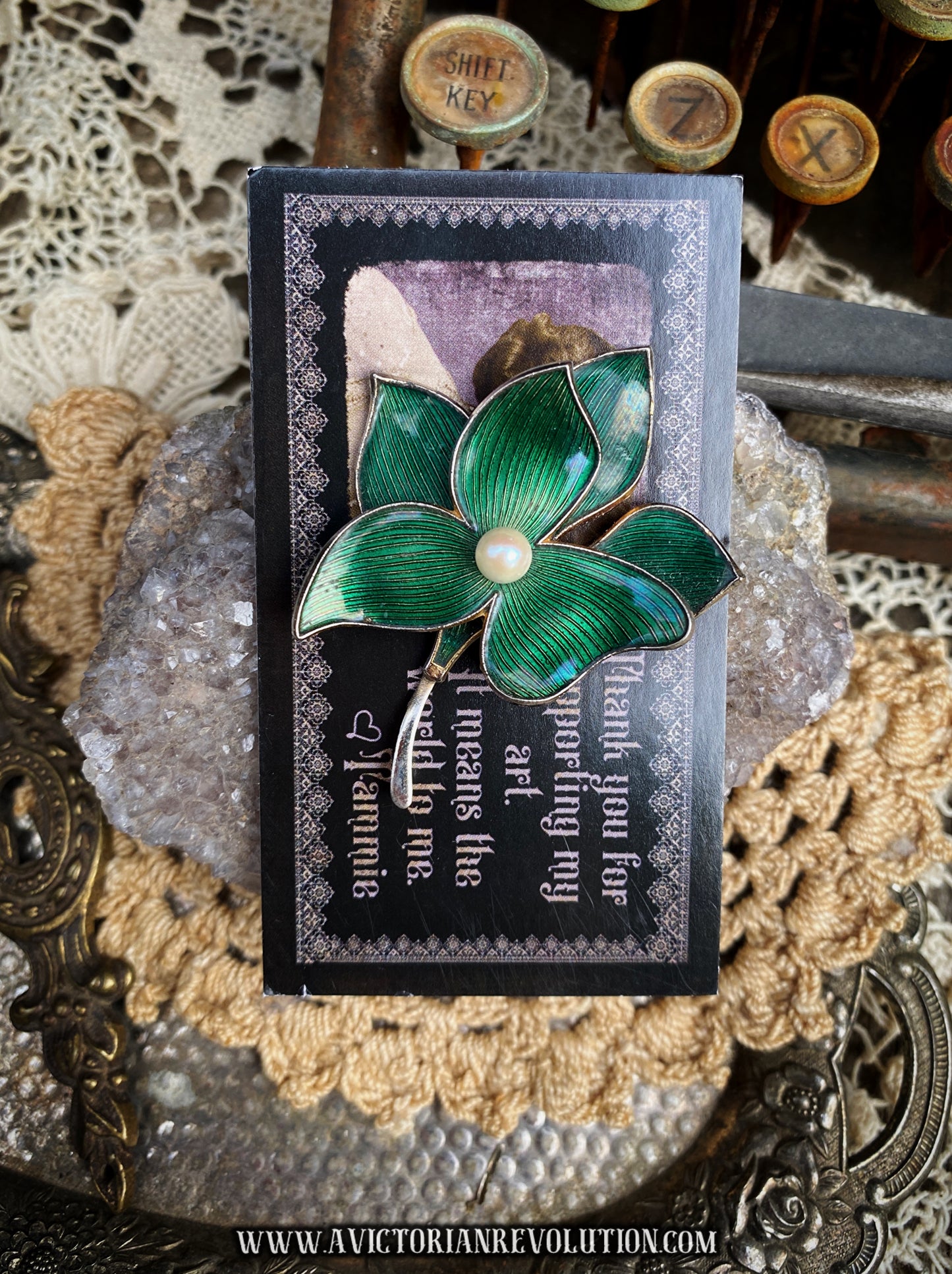 Green Enamel Leaf Pin - Triple Leaf Motif - Faux Pearl Center - Vintage