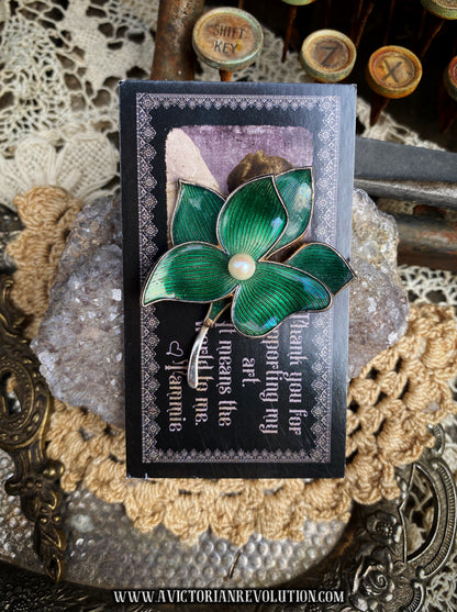 Green Enamel Leaf Pin - Triple Leaf Motif - Faux Pearl Center - Vintage
