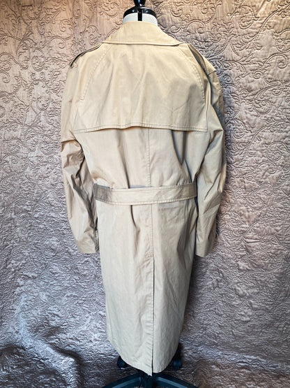 Vintage Tan London Fog Double Breasted Trench Maincoat - Belted Waist, Zip-out Liner, Classic Style, Retro Raincoat - Size 42 Ex-Long