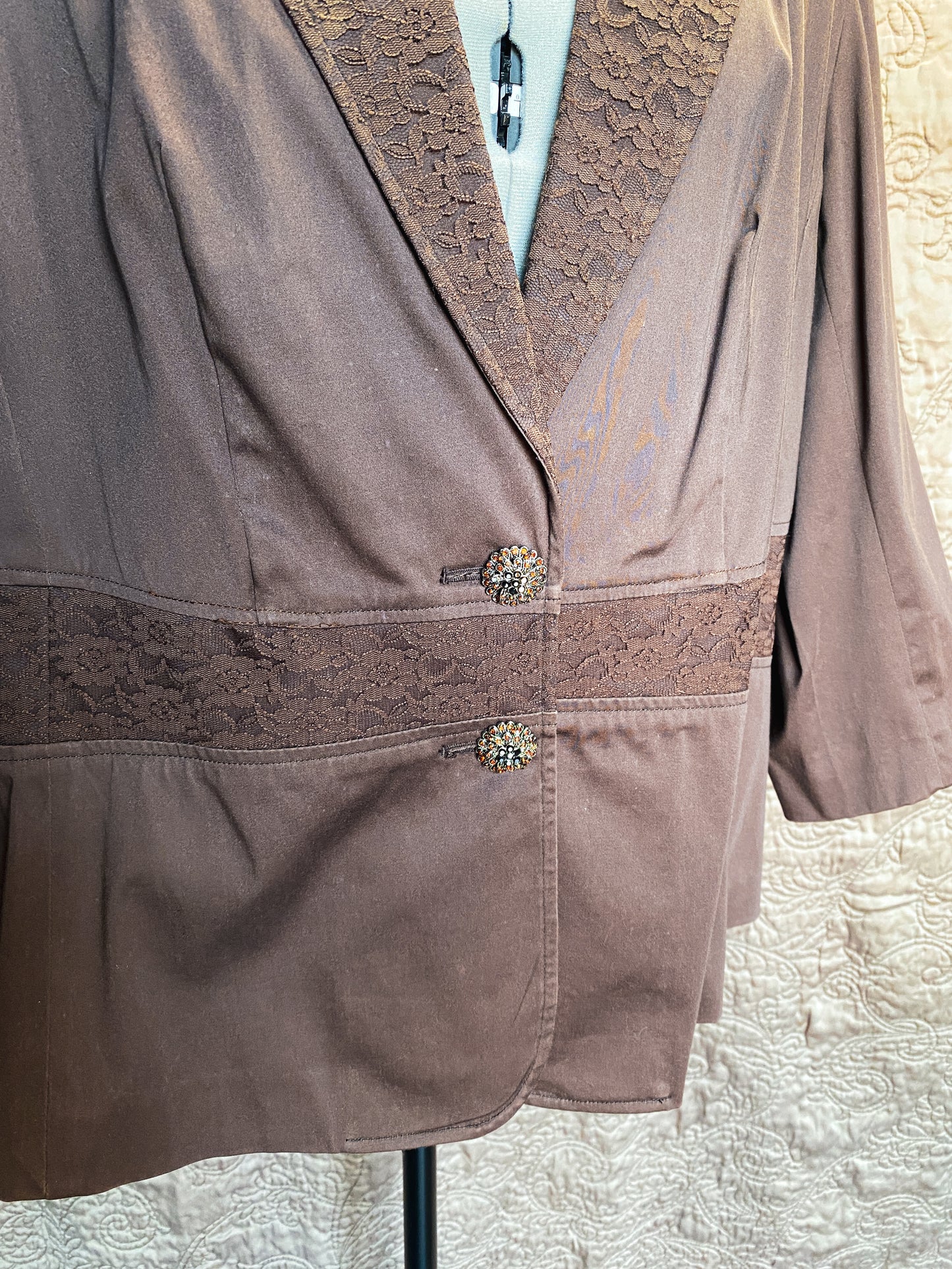 Brown Cotton Blazer - Lace Trim, Rhinestone Buttons - Women's Plus Size - XL 14/16
