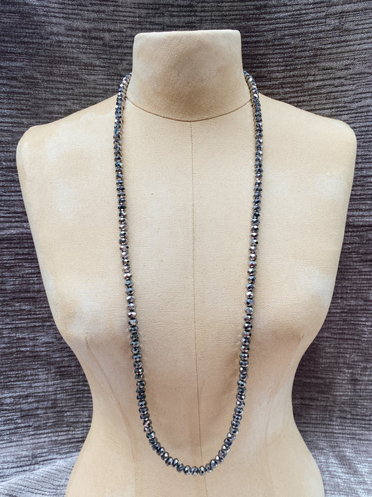 Vintage Gray Faceted Bead Necklace - 1980s Retro Metallic Disco Beads - Long Opera Length Continuous Strand