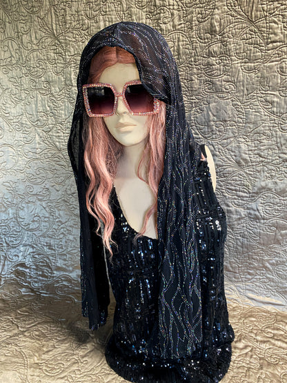 Black Sheer Scarf, Evening Shawl - Lightweight Holographic Glitter - Y2K Glam