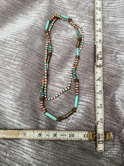 Vintage Turquoise Blue And Pink Long Beaded Necklace - Boho Southwestern Style - 1970s Retro Jewelry - Metal Accents