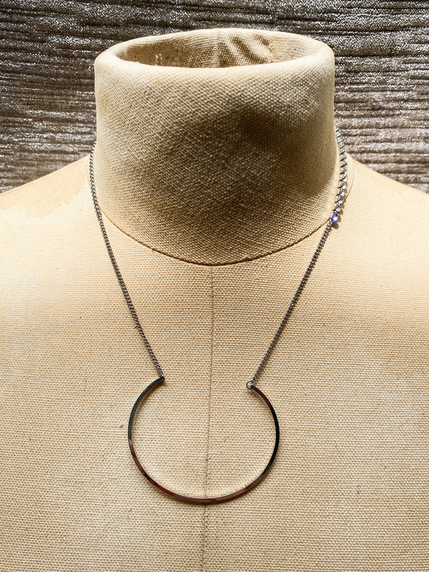 Silver Asymmetrical Geometric Hoop Necklace - Silvertone Statement Chain With Rhinestones - Modern Open Crescent Pendant