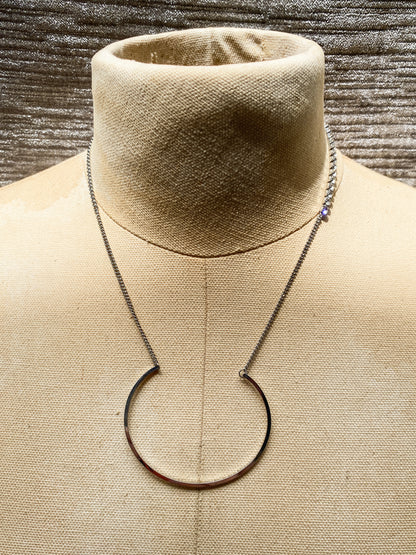 Silver Asymmetrical Geometric Hoop Necklace - Silvertone Statement Chain With Rhinestones - Modern Open Crescent Pendant