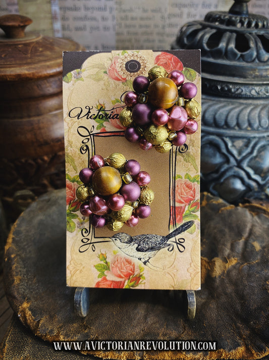 Purple and Gold Cluster Earrings - Vintage - 1960s - Retro Statement Jewelry