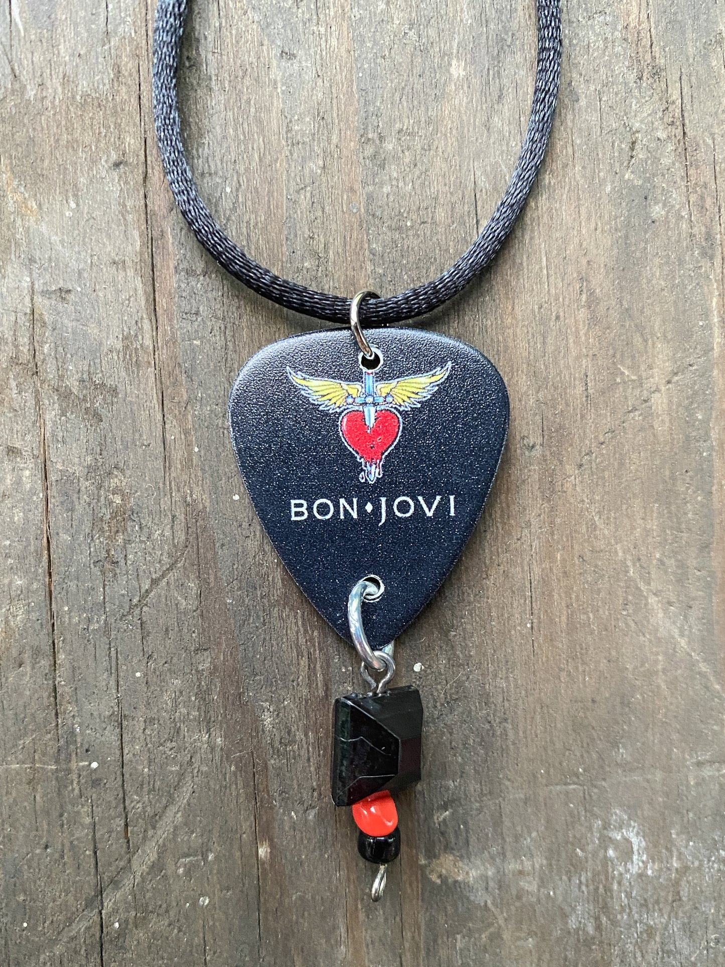 Retro 80s 90s Style Bon Jovi Guitar Pick Necklace - Handmade Rock Band Jewelry - Heart And Dagger Graphic