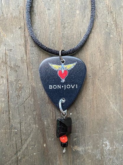 Retro 80s 90s Style Bon Jovi Guitar Pick Necklace - Handmade Rock Band Jewelry - Heart And Dagger Graphic