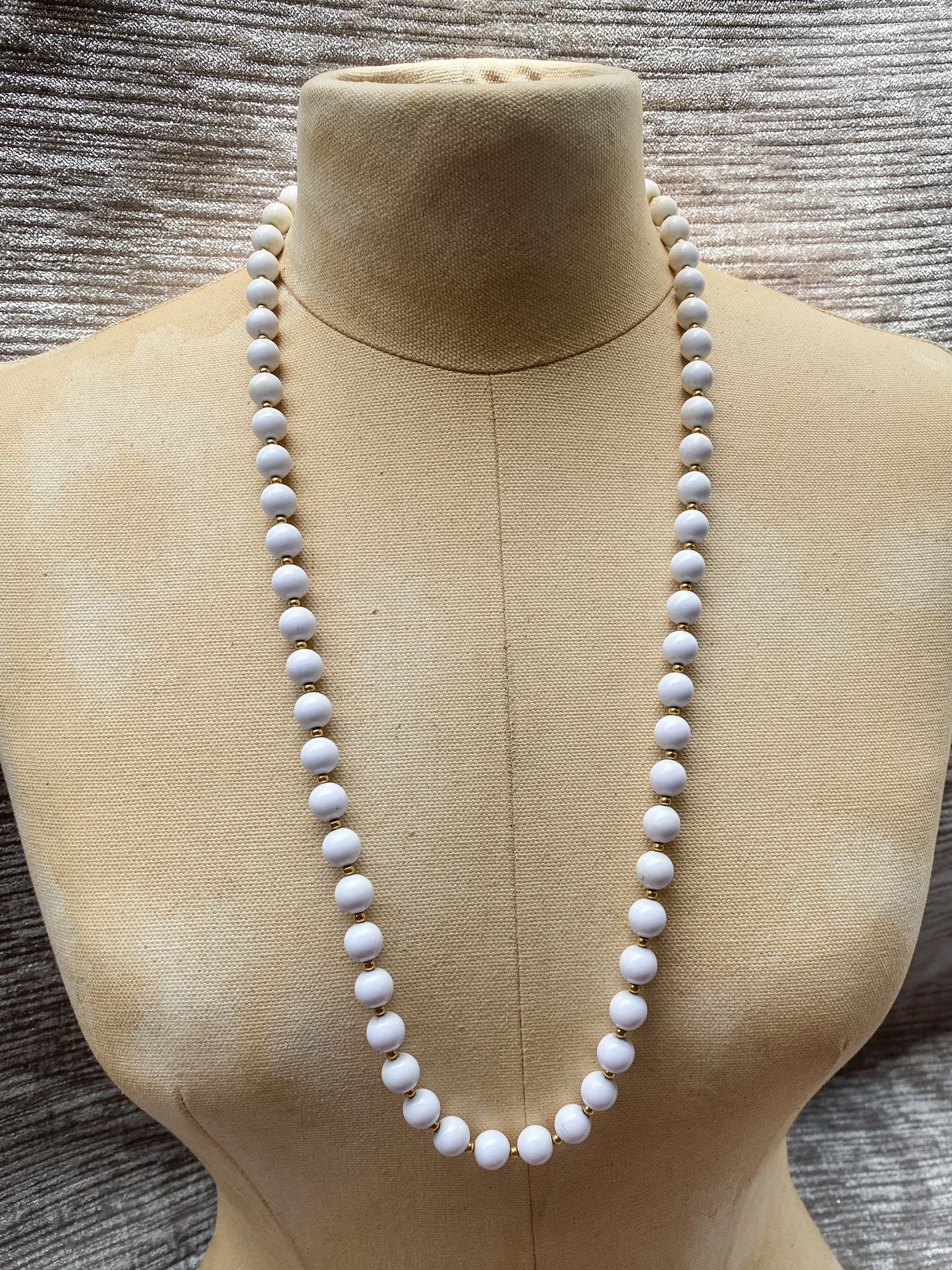 Vintage White Bead Necklace - Retro Long Strand - Quirky Mod Jewelry