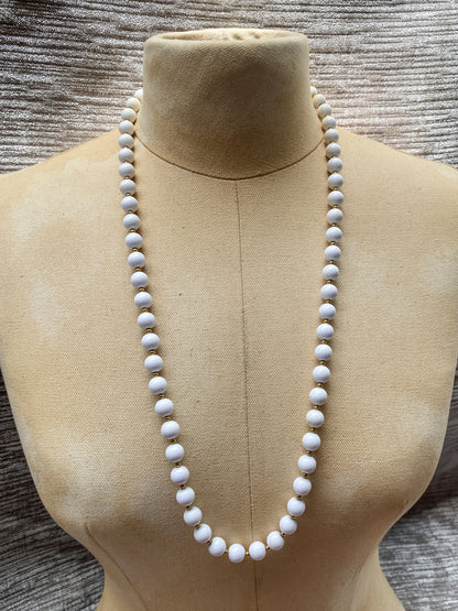 Vintage White Bead Necklace - Retro Long Strand - Quirky Mod Jewelry