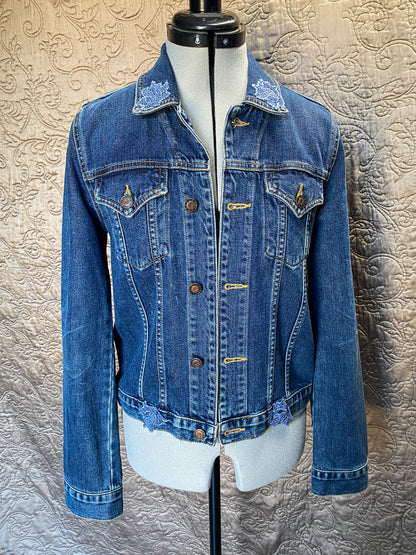 Upcycled Denim Jacket, Boho Style with Lace Appliqué - Floral Lace Embellishments - Sustainable Fashion - One of a Kind Jean Jacket - Size Small