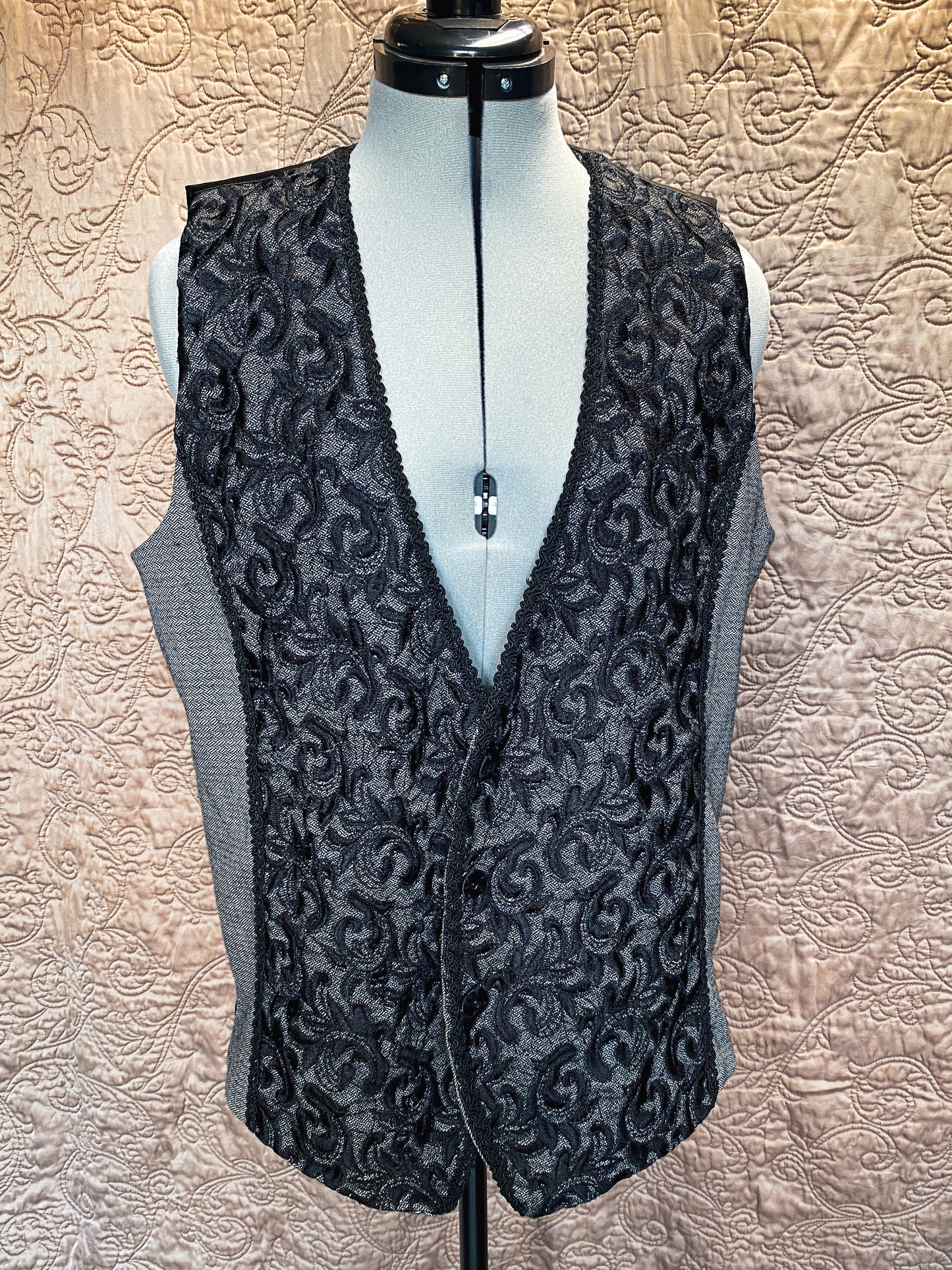 Modern Black and Grey Button Up Vest - Embroidered, Textured Sleeveless Jacket - Chico's Size 2