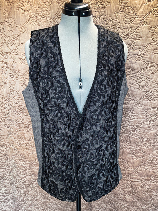 Modern Black and Grey Button Up Vest - Embroidered, Textured Sleeveless Jacket - Chico's Size 2