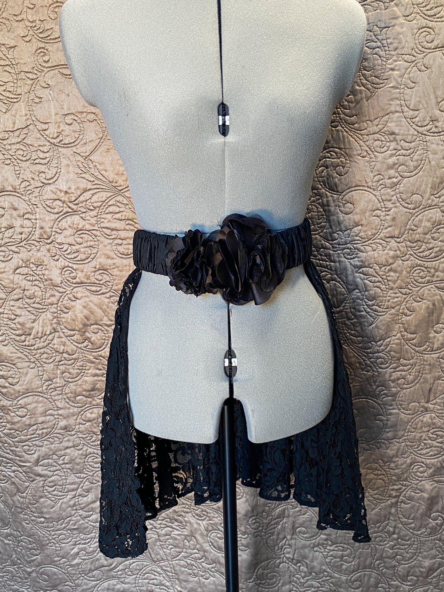 Black Lace Overskirt Bustle - Gothic Steampunk - Floral Belt Accessory