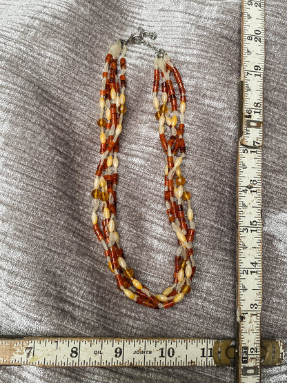 Amber Colored Multi Strand Bead Necklace, with Ribbon Accent - Vintage Style Retro Costume Jewelry