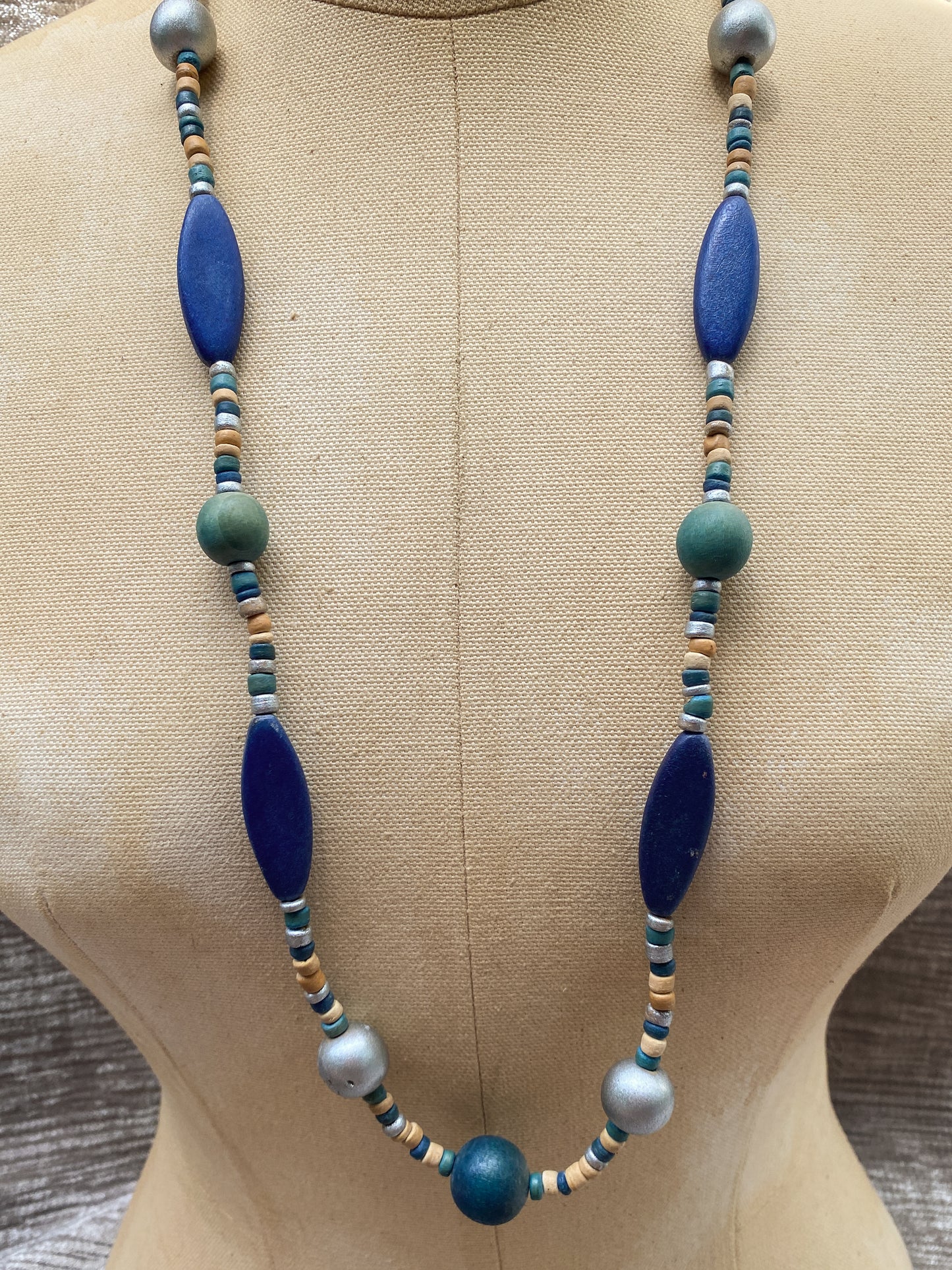 Cobalt Blue And Teal Painted Wood Chunky Bead Necklace - Long Strand Vintage Boho Jewelry