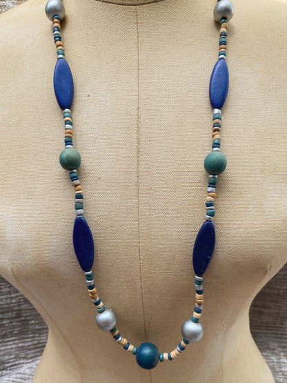 Cobalt Blue And Teal Painted Wood Chunky Bead Necklace - Long Strand Vintage Boho Jewelry