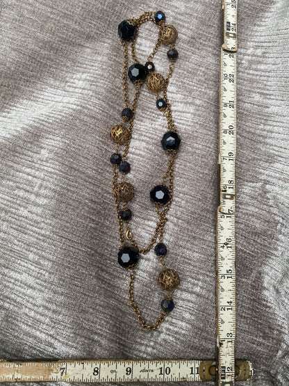 Vintage Black Faceted Bead And Gold Tone Filigree Station Necklace - Extra Long Retro 1970s Style Rope Chain