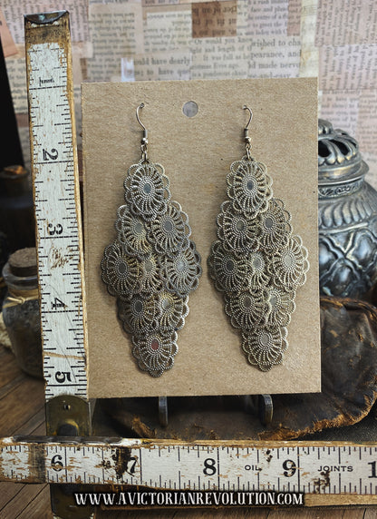 Large Silver Tone Multi-Tier Filigree Chandelier Earrings - Vintage Bohemian Style - Boho Statement Dangles - Used Costume Jewelry