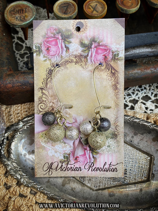 Mixed Metal Cluster Dangle Earrings - Textured Glitter Spheres - Silver Tone Wires