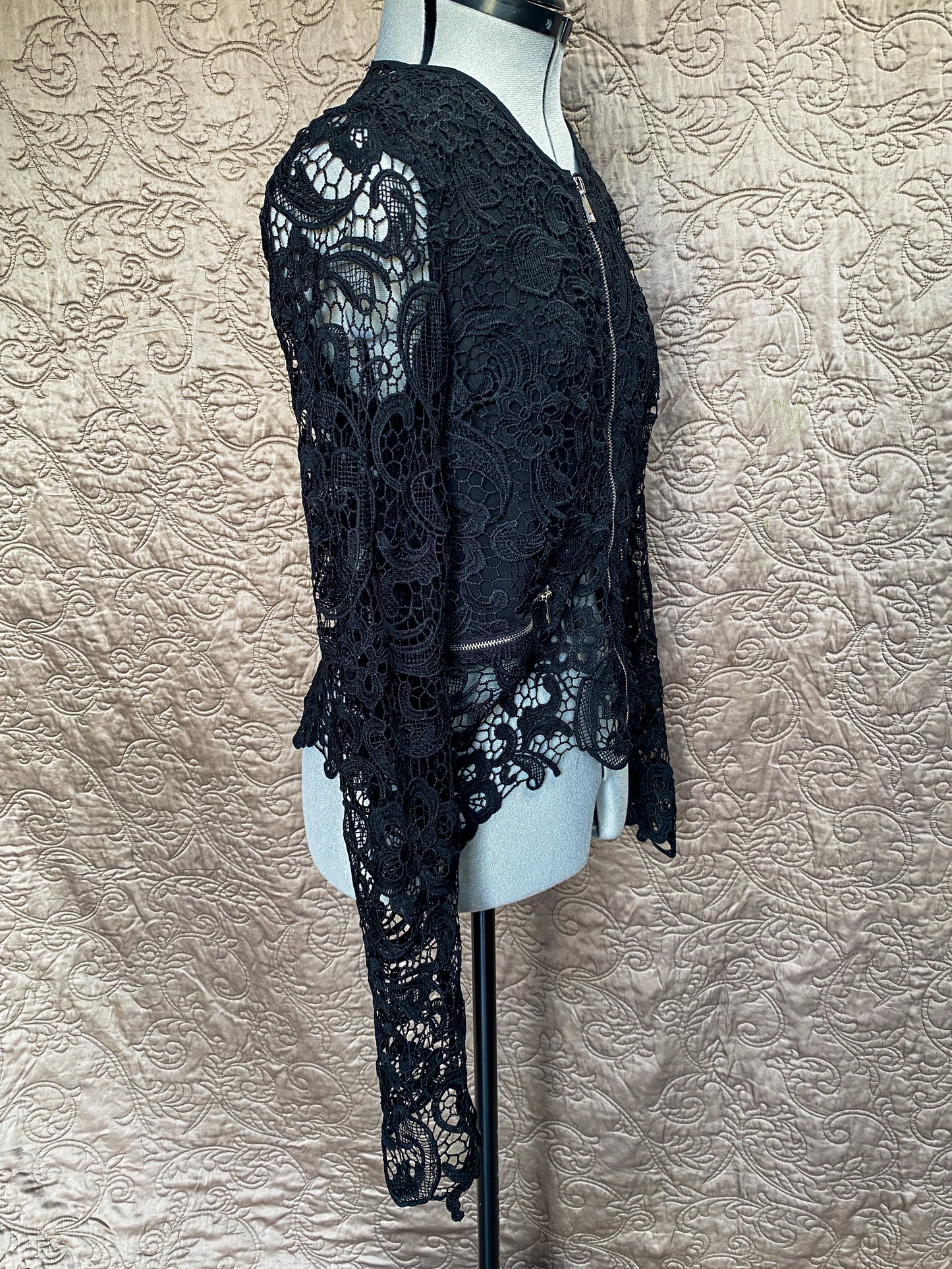 Black Lace Jacket with Silver Zippers - Small