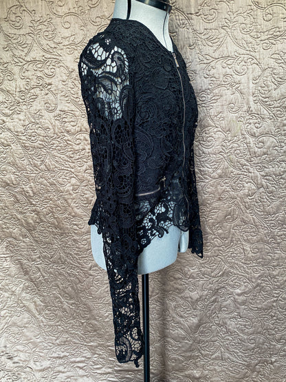 Black Lace Jacket with Silver Zippers - Small