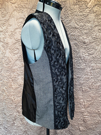 Modern Black and Grey Button Up Vest - Embroidered, Textured Sleeveless Jacket - Chico's Size 2