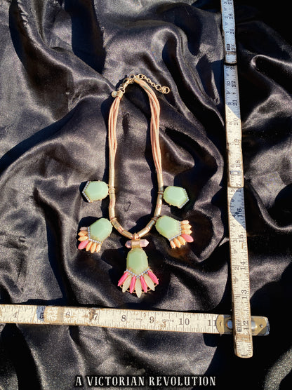 Green, Peach + Pink Cabochon Statement Necklace - Mod Revival Style - Mixed Media Multi Strand Collar