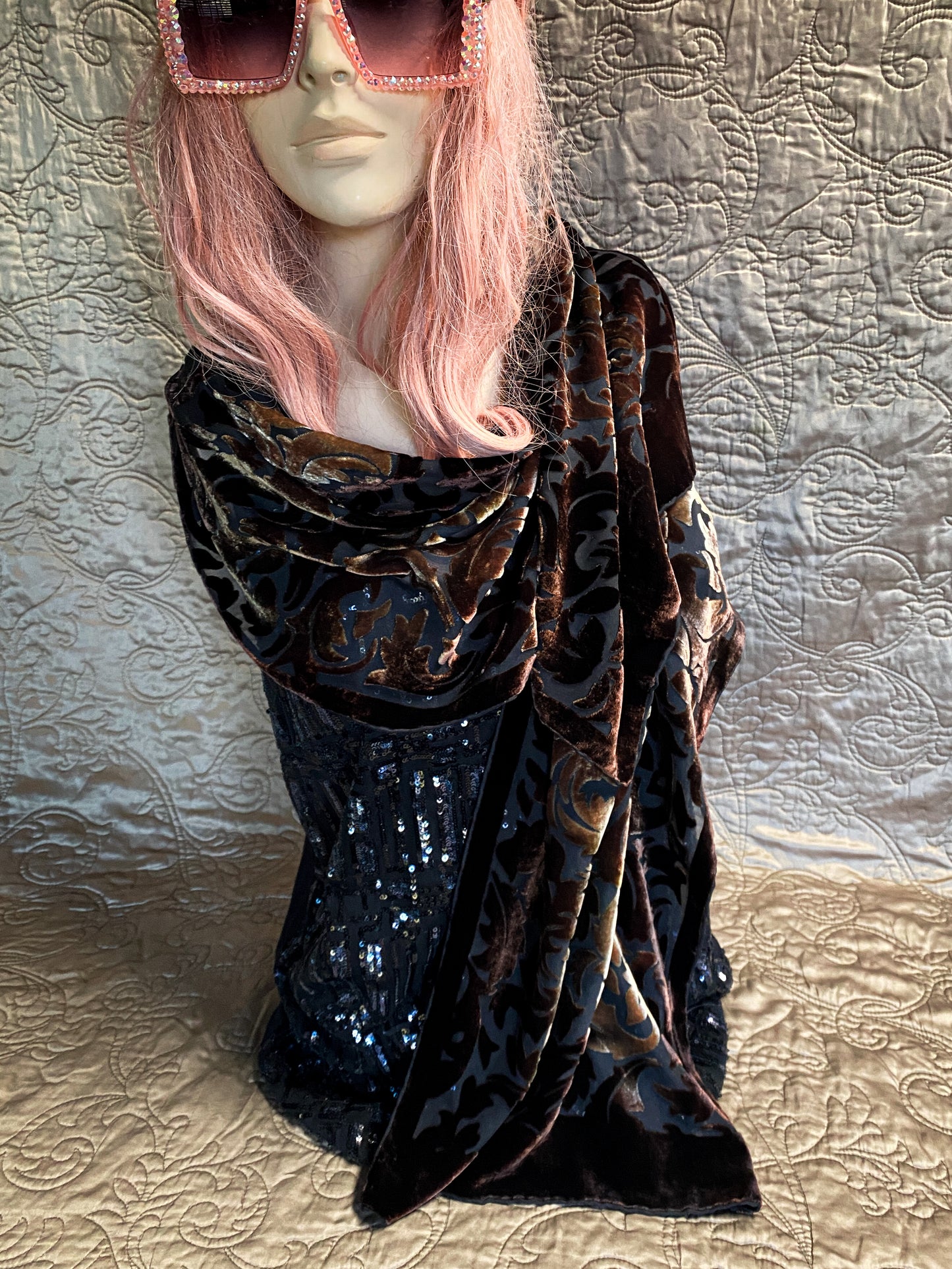 Brown Floral Velvet Scarf - Sheer Silk Bohemian Style Shawl