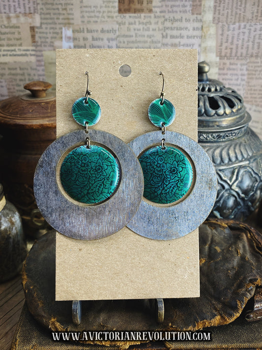Green Floral Metal Circle Dangle Earrings - Boho Chic - Handmade - Vintage Style