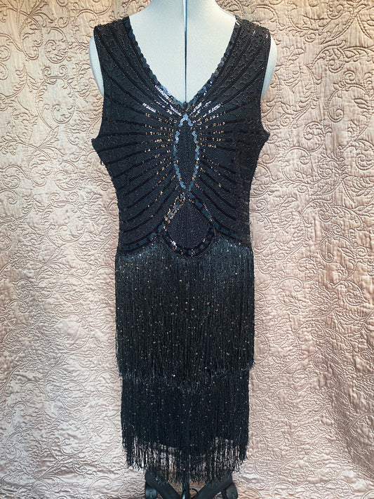 Black 1920s Style Sequin + Fringe Flapper Dress - Beaded Art Deco, Sleeveless, V-Neck Dress