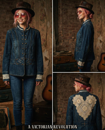 Denim Short Jacket w Studs and Heart on Back - Large