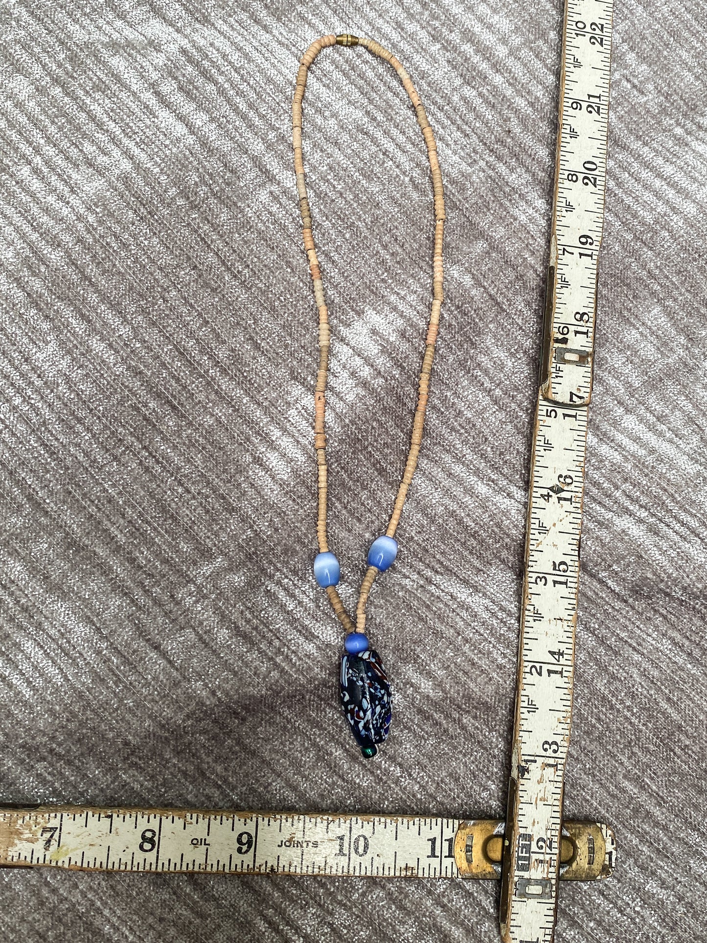 Vintage Brown Heishi Bead Choker Necklace - Blue Blown Glass Barrel Focal - Retro Bohemian Artisan Jewelry