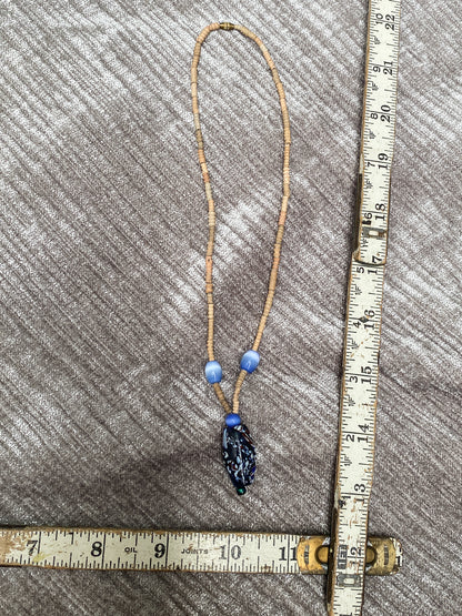 Vintage Brown Heishi Bead Choker Necklace - Blue Blown Glass Barrel Focal - Retro Bohemian Artisan Jewelry