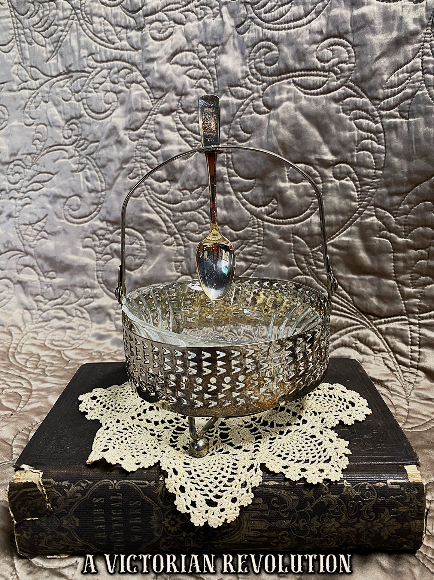 Victorian Style Silver Plated Condiment Caddy with Pressed Glass Insert and Serving Spoon