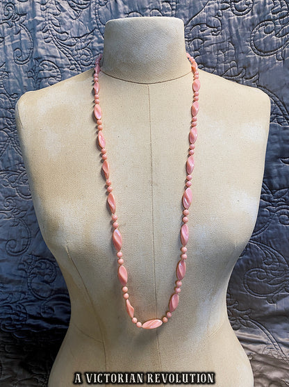 Vintage 1950s Pink Moonglow Lucite Twisted Bead Necklace Mid Century Rockabilly Costume Jewelry