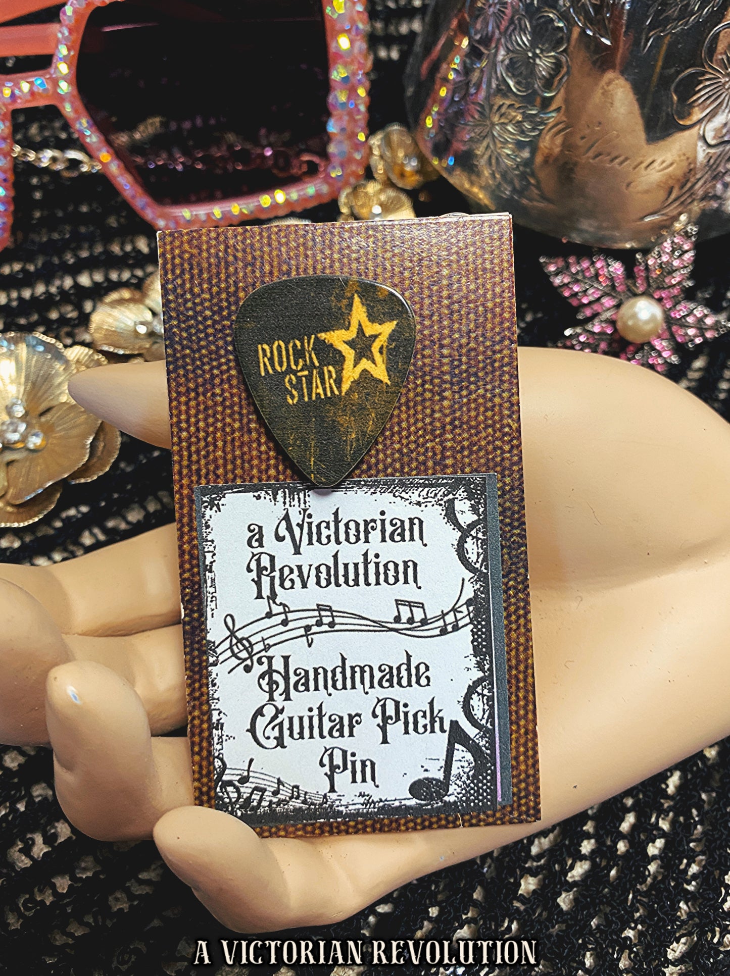 Handmade Upcycled Rockstar Guitar Pick Pin - Music Lover Gift - Unique Band Jewelry - Rock Star Brand