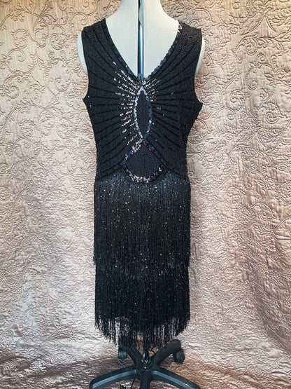 Black 1920s Style Sequin + Fringe Flapper Dress - Beaded Art Deco, Sleeveless, V-Neck Dress
