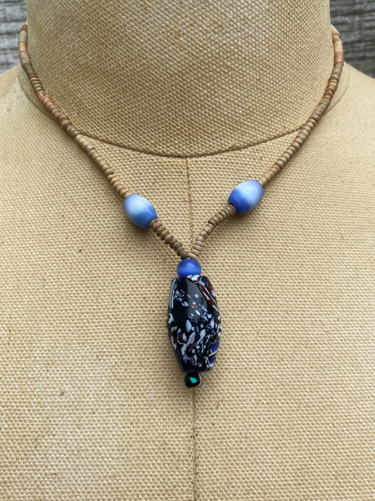 Vintage Brown Heishi Bead Choker Necklace - Blue Blown Glass Barrel Focal - Retro Bohemian Artisan Jewelry