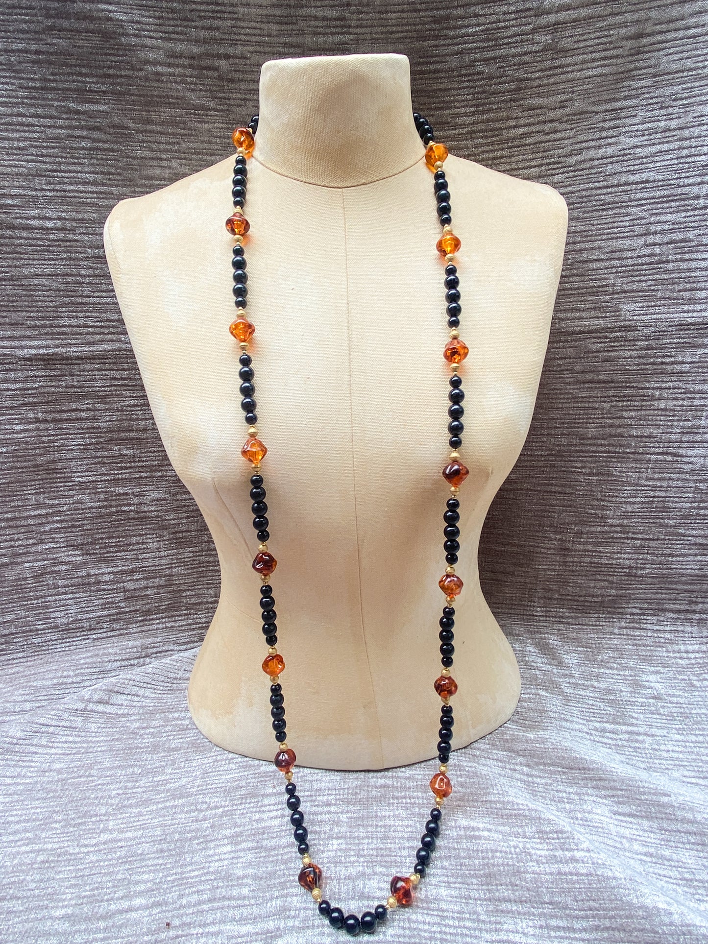 Vintage Long Amber And Black Bead Necklace, Retro Style Layering Strand, Gold Tone Metal Accents