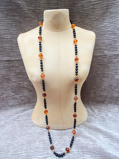 Vintage Long Amber And Black Bead Necklace, Retro Style Layering Strand, Gold Tone Metal Accents