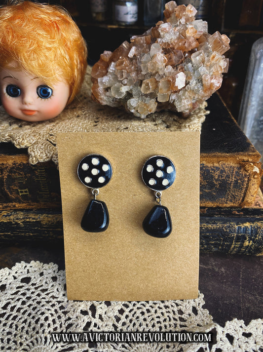 Vintage Black Enamel and White Polka Dot Dangle Earrings - Mod 1960s Style - Retro Teardrop Post Drops - Used Minimalist Costume Jewelry