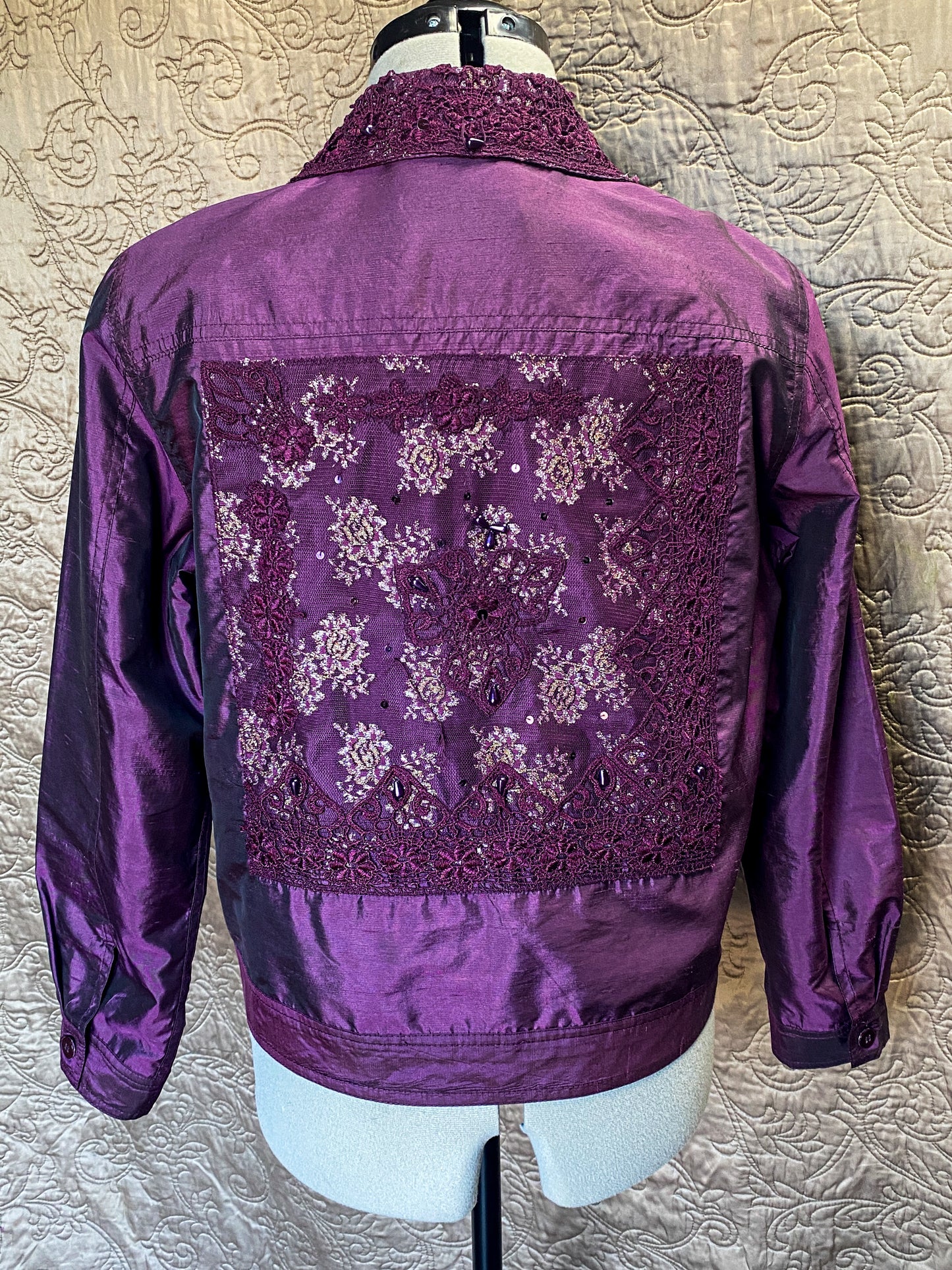 Purple Jacket - Beaded Lace - Size PM - Coldwater Creek - Vintage Silk - Embellished