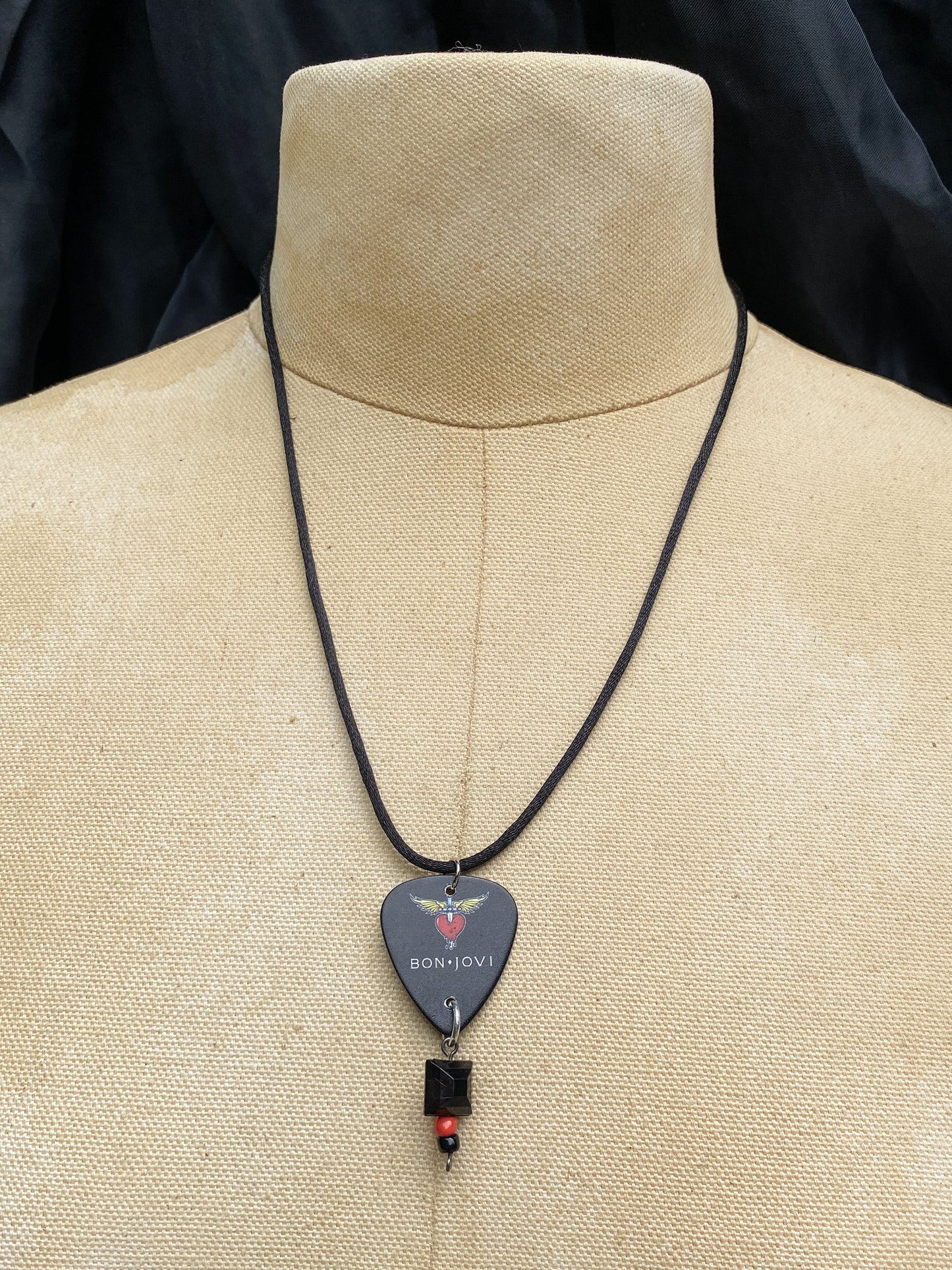 Retro 80s 90s Style Bon Jovi Guitar Pick Necklace - Handmade Rock Band Jewelry - Heart And Dagger Graphic